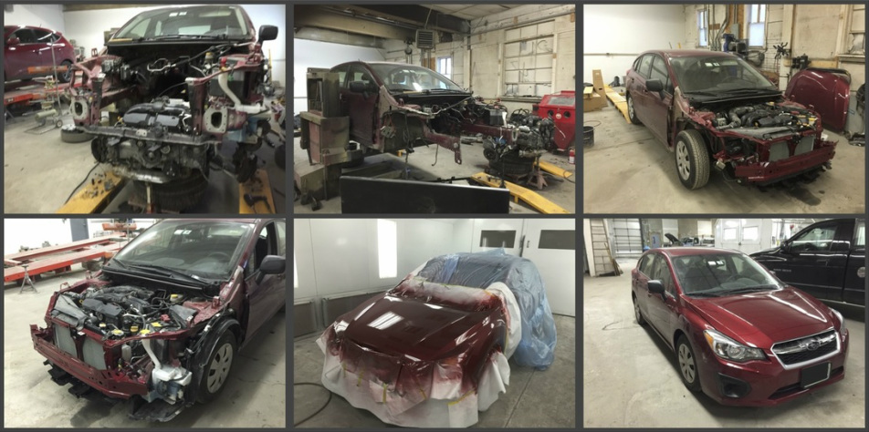 Maroon Subaru collision repair sequence at Spofford Bodywerks — stripped to bare metal, refinished in the climate-controlled paint booth, and finished